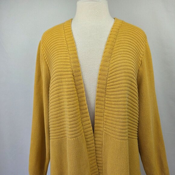 Marled Waffle Knit Open Front Cardigan Mustard Yellow Size 1X - Picture 8 of 12